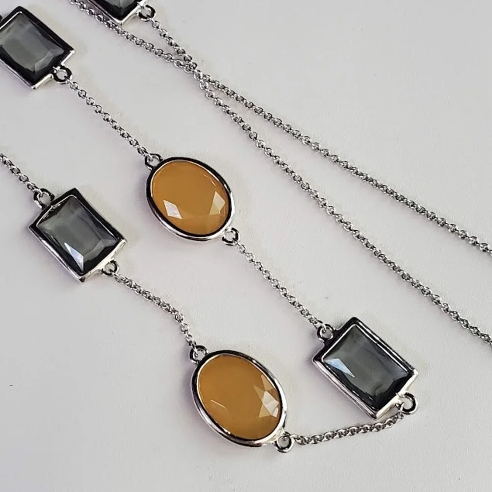 Kate Spade New York Silver Tone Yellow and Gray Stone Station Long Necklace